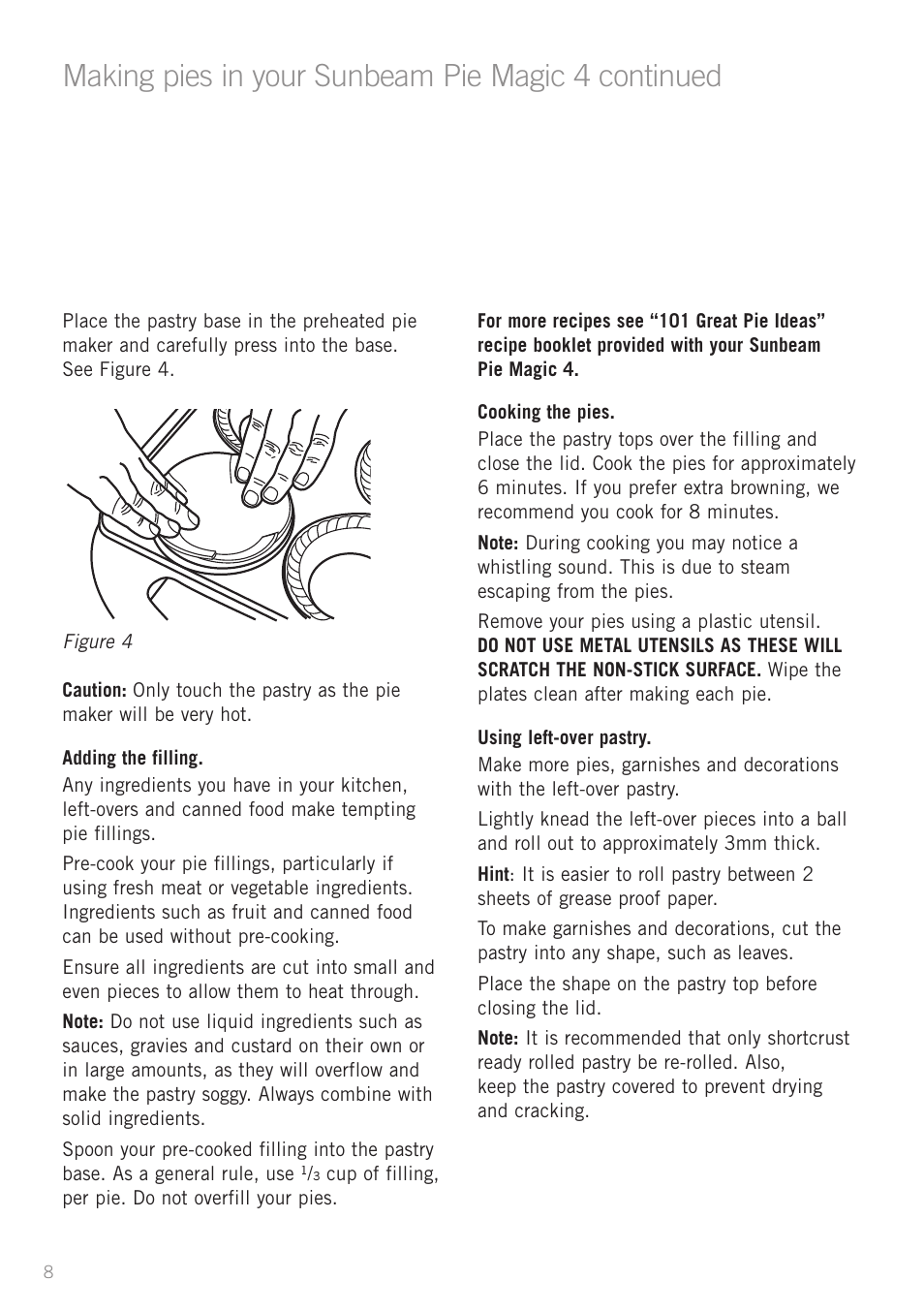 Heading, Making pies in your sunbeam pie magic 4 continued | Sunbeam Pie Magic 4 User Manual | Page 8 / 12