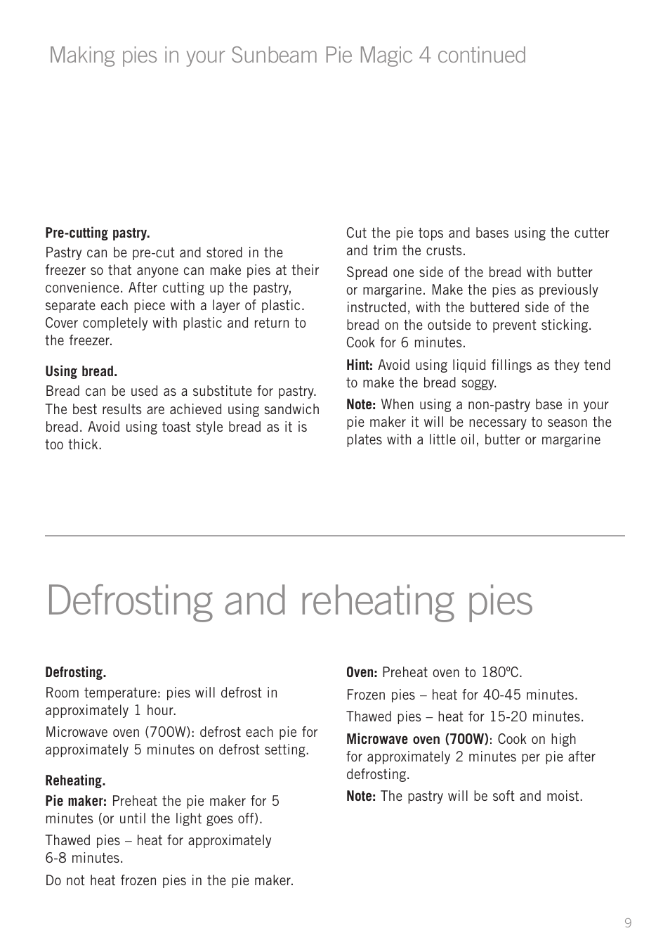 Defrosting and reheating pies, Making pies in your sunbeam pie magic 4 continued | Sunbeam Pie Magic 4 User Manual | Page 9 / 12