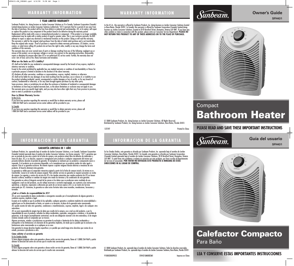 Sunbeam SFH431-UM User Manual | 2 pages