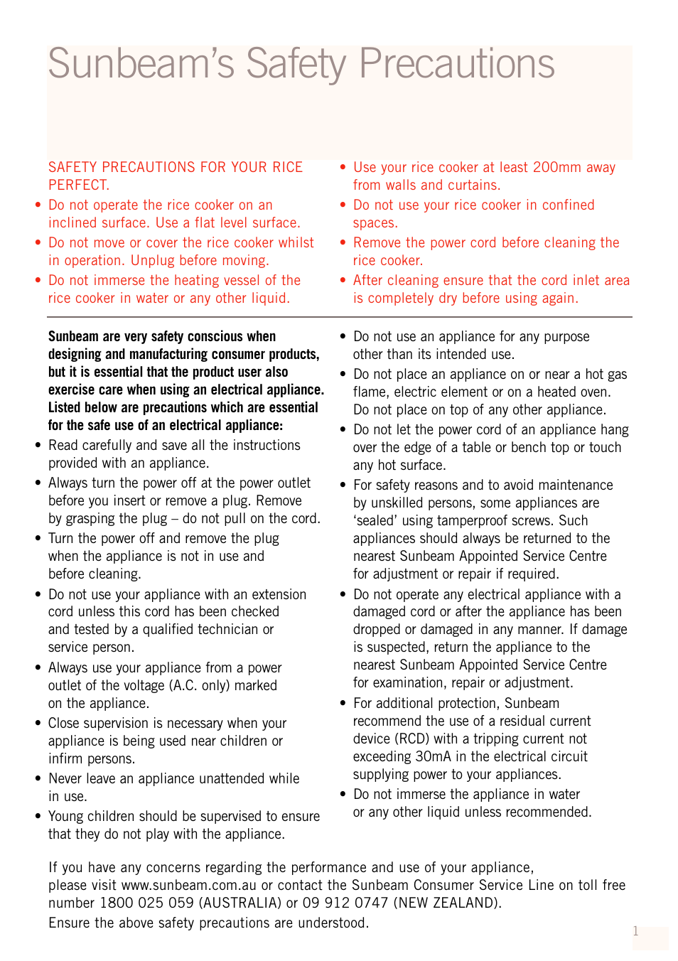 Sunbeam’s safety precautions | Sunbeam RC2610 User Manual | Page 3 / 24