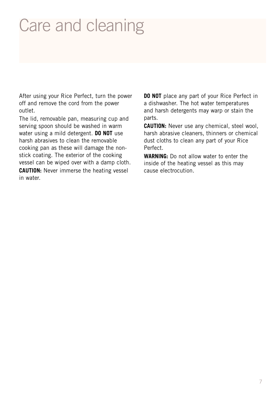 Care and cleaning | Sunbeam RC2610 User Manual | Page 9 / 24