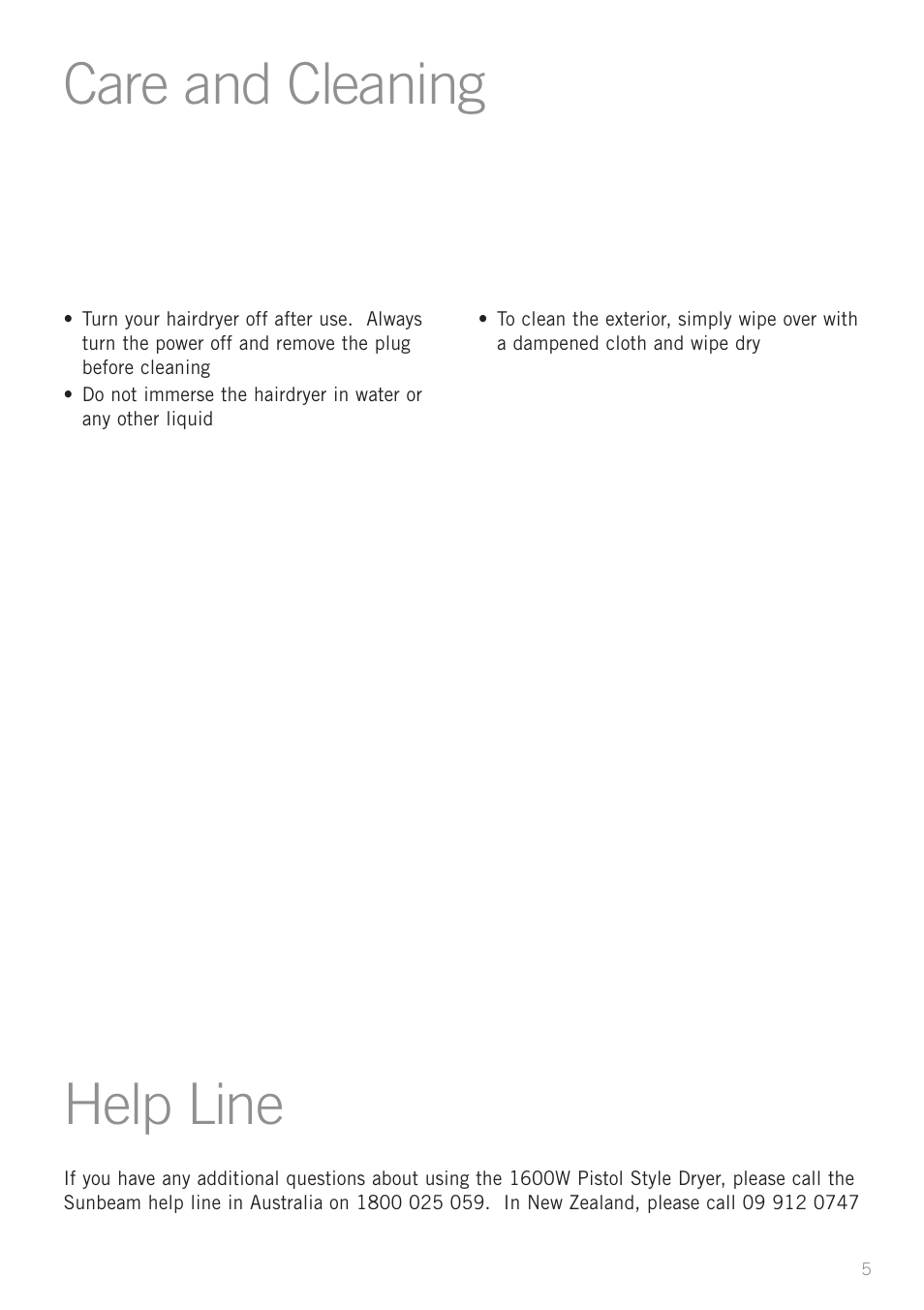 Care and cleaning, Help line | Sunbeam HD4400 User Manual | Page 7 / 9
