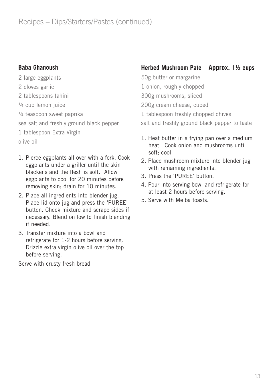 Recipes – dips/starters/pastes (continued) | Sunbeam PB7950 User Manual | Page 15 / 26