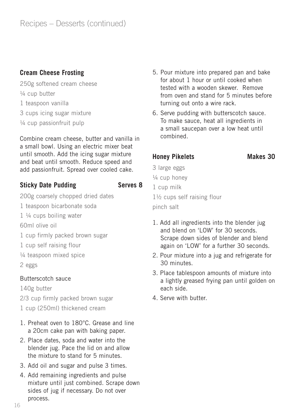 Recipes – desserts (continued) | Sunbeam PB7950 User Manual | Page 18 / 26