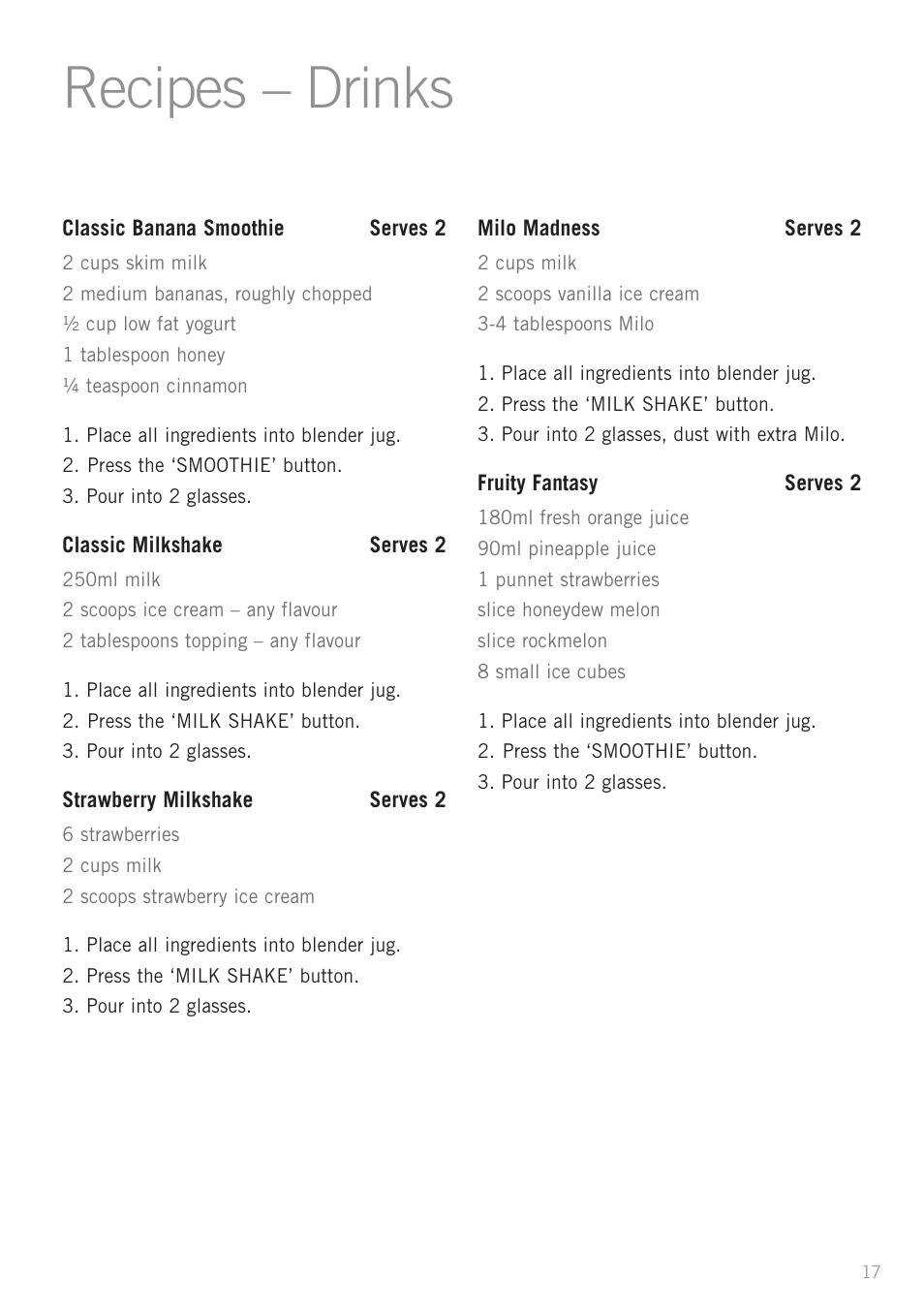 Recipes – drinks | Sunbeam PB7950 User Manual | Page 19 / 26