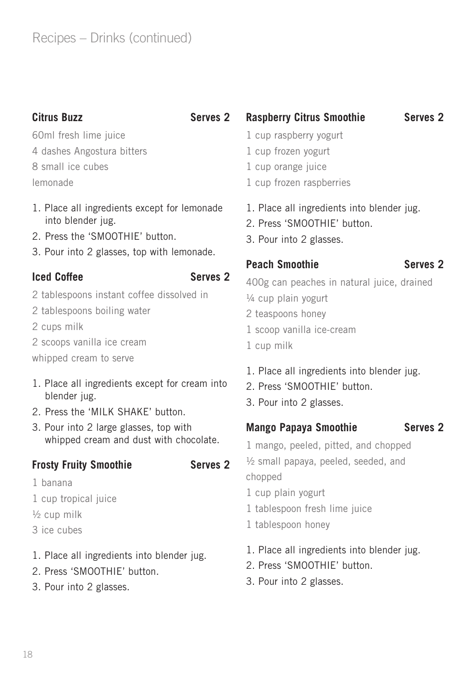 Recipes – drinks (continued) | Sunbeam PB7950 User Manual | Page 20 / 26