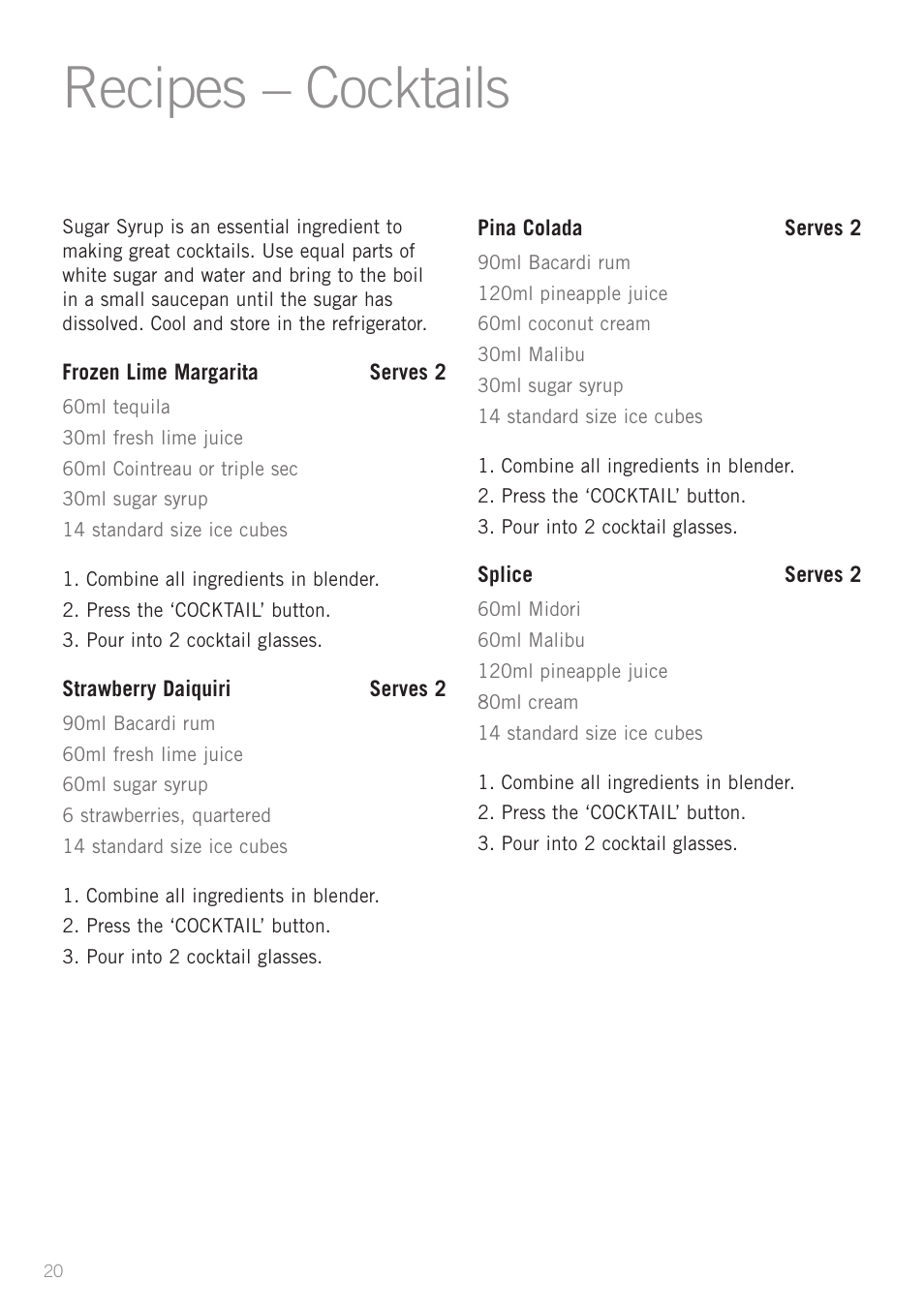 Recipes – cocktails | Sunbeam PB7950 User Manual | Page 22 / 26