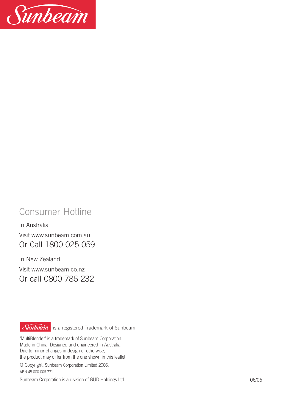 Consumer hotline | Sunbeam PB7950 User Manual | Page 26 / 26