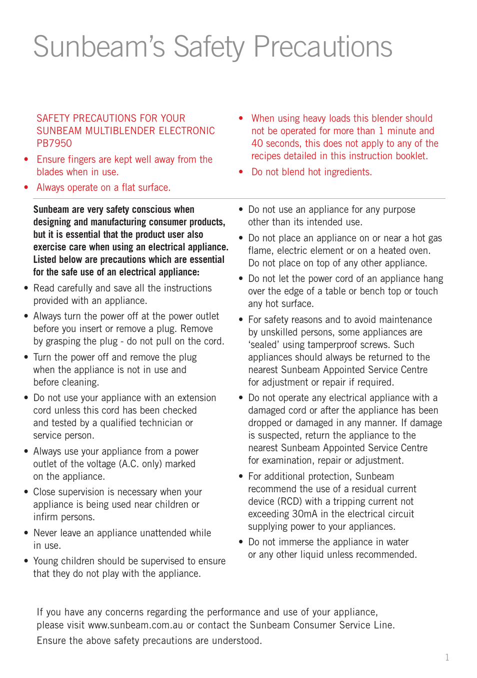 Sunbeam’s safety precautions | Sunbeam PB7950 User Manual | Page 3 / 26