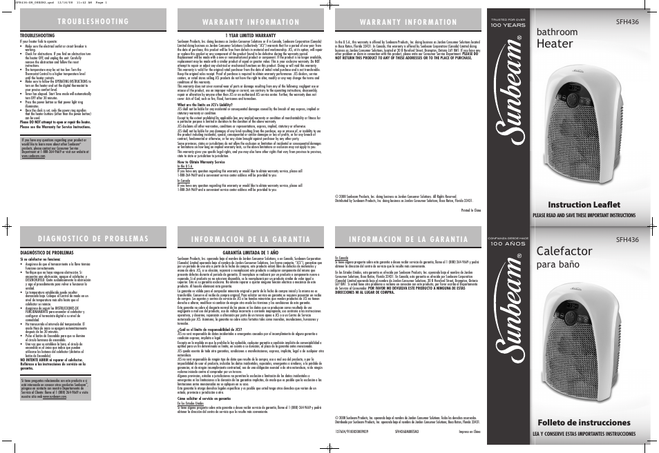 Sunbeam SFH436-UM User Manual | 2 pages