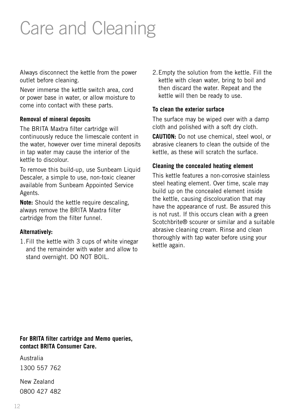 Care and cleaning | Sunbeam KE5300 User Manual | Page 12 / 16