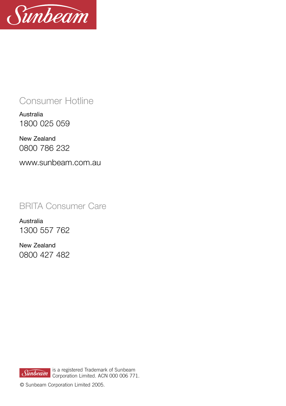 Consumer hotline, Brita consumer care | Sunbeam KE5300 User Manual | Page 16 / 16