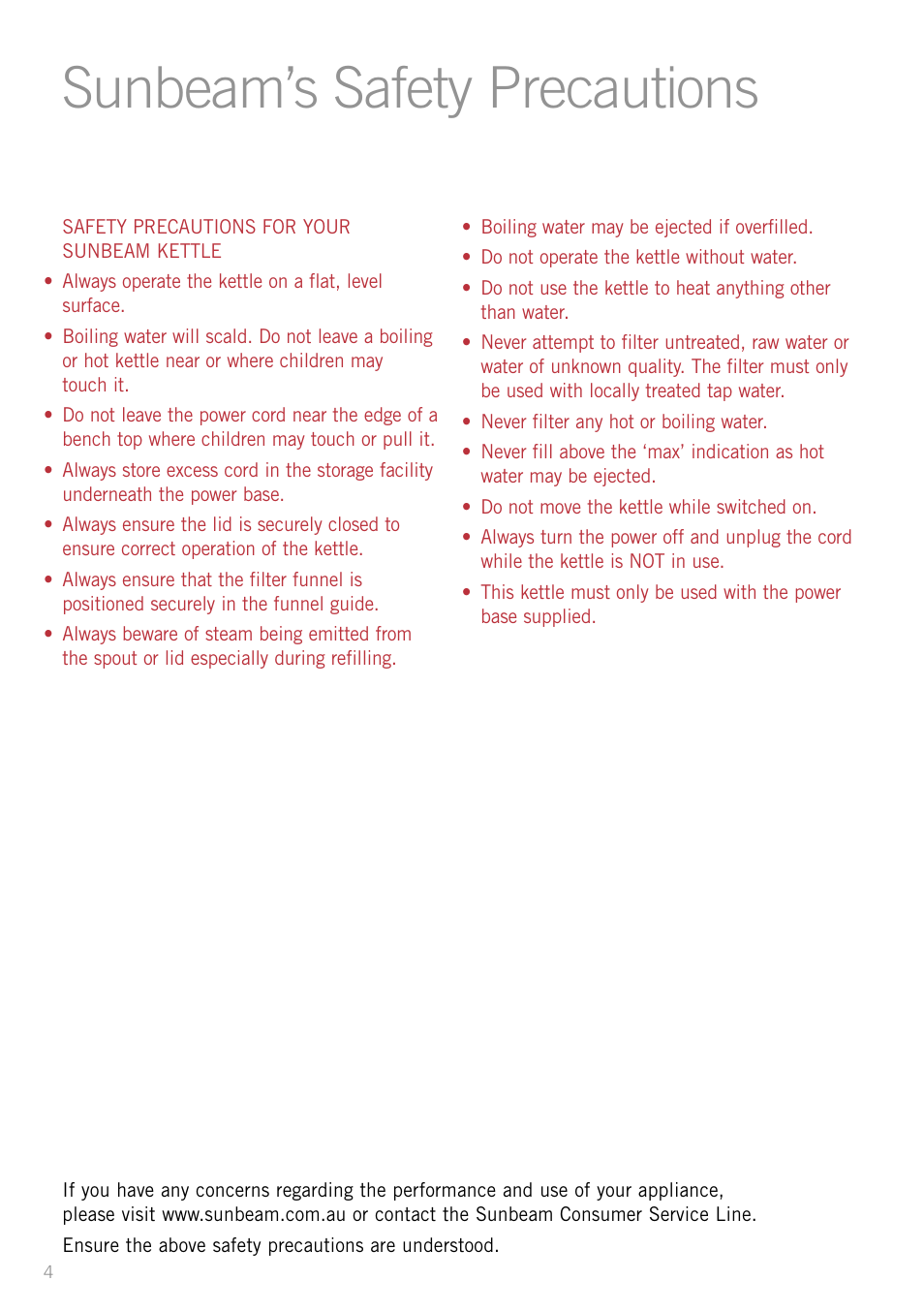 Sunbeam’s safety precautions | Sunbeam KE5300 User Manual | Page 4 / 16