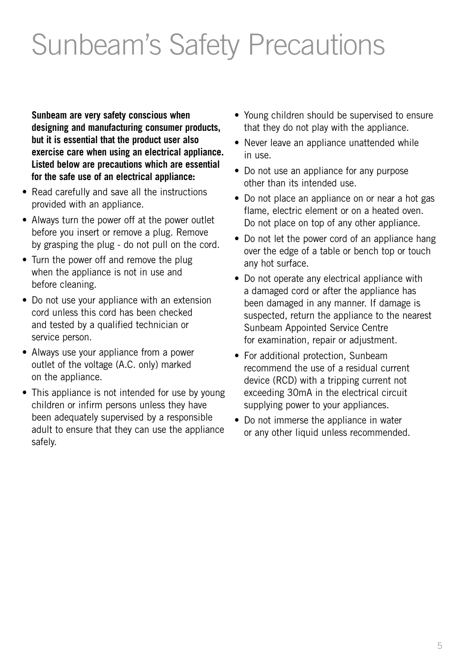 Sunbeam’s safety precautions | Sunbeam KE5300 User Manual | Page 5 / 16