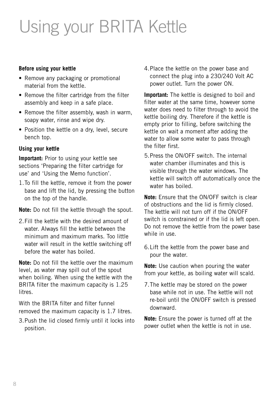 Using your brita kettle | Sunbeam KE5300 User Manual | Page 8 / 16