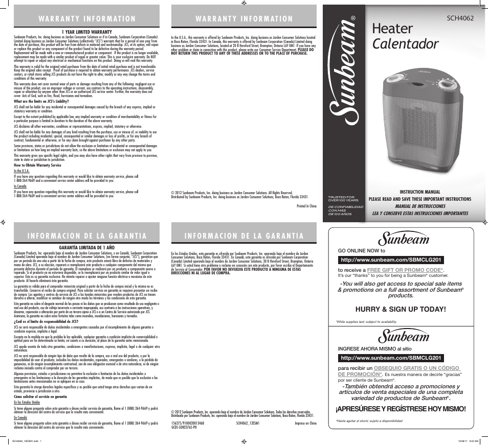 Sunbeam Heater SCH4062 User Manual | 2 pages