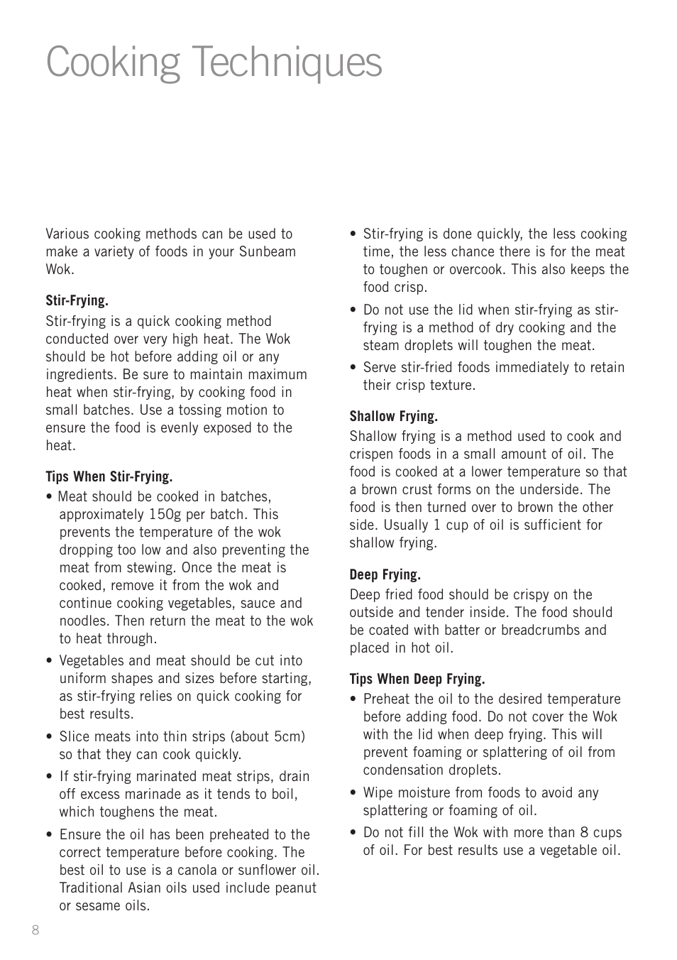 Cooking techniques | Sunbeam WW8900 User Manual | Page 10 / 28