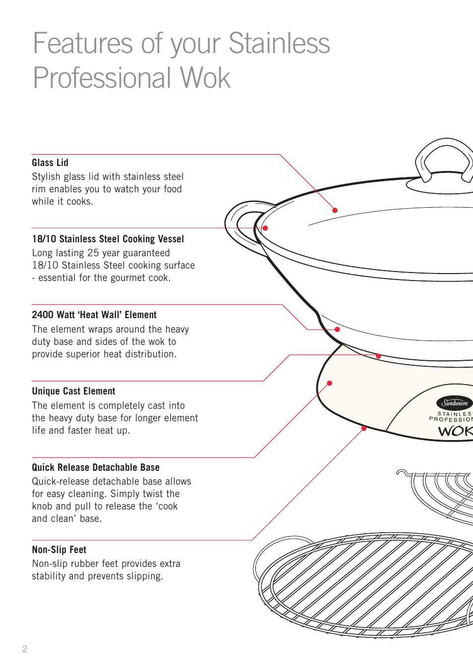 Features of your stainless professional wok | Sunbeam WW8900 User Manual | Page 4 / 28