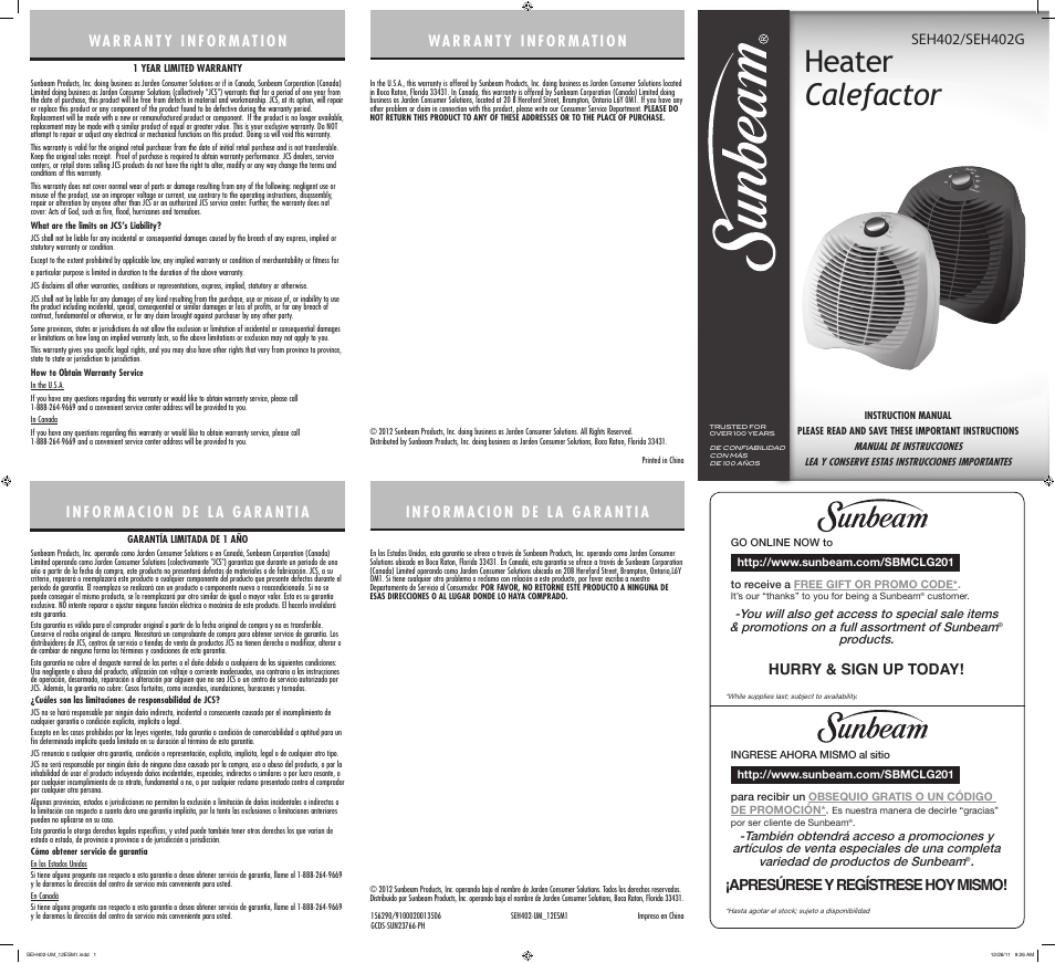 Sunbeam Heater SEH402 User Manual | 2 pages