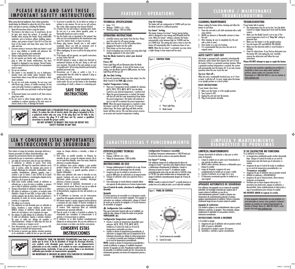 Conserve estas instrucciones, Save these instructions | Sunbeam Heater SEH402 User Manual | Page 2 / 2