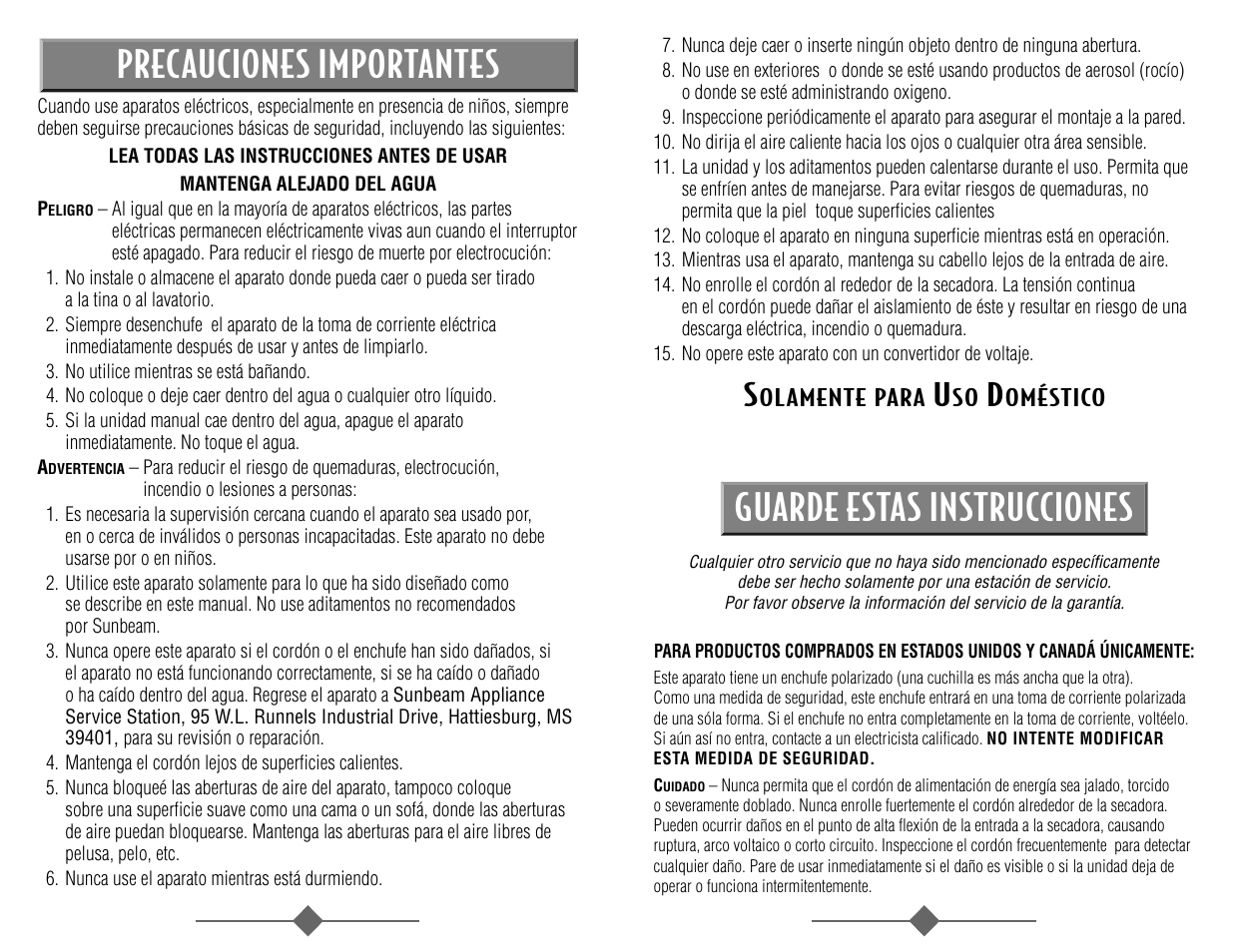 Guarde estas instrucciones, Precauciones importantes | Sunbeam 1626 User Manual | Page 10 / 18