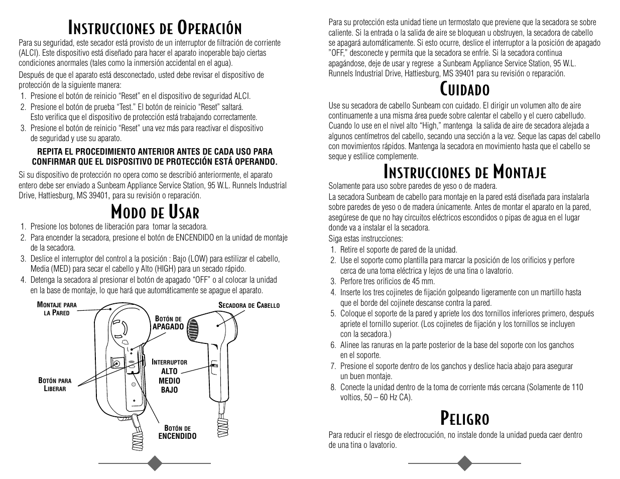 Uidado, Nstrucciones de, Ontaje | Eligro, Peración, Odo de | Sunbeam 1626 User Manual | Page 11 / 18