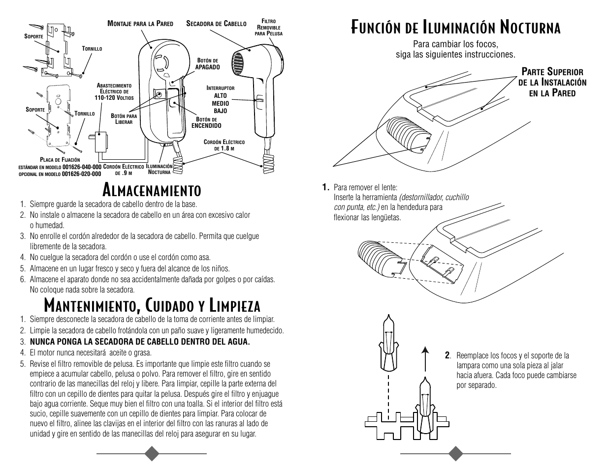 Unción de, Luminación, Octurna | Lmacenamiento, Antenimiento, Uidado y, Impieza | Sunbeam 1626 User Manual | Page 12 / 18