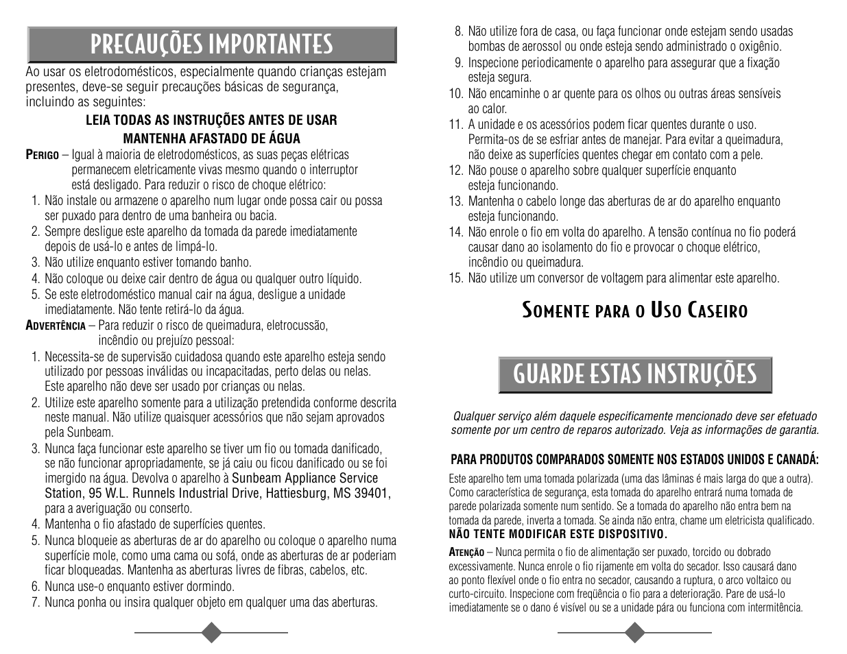 Guarde estas instruções, Precauções importantes | Sunbeam 1626 User Manual | Page 14 / 18