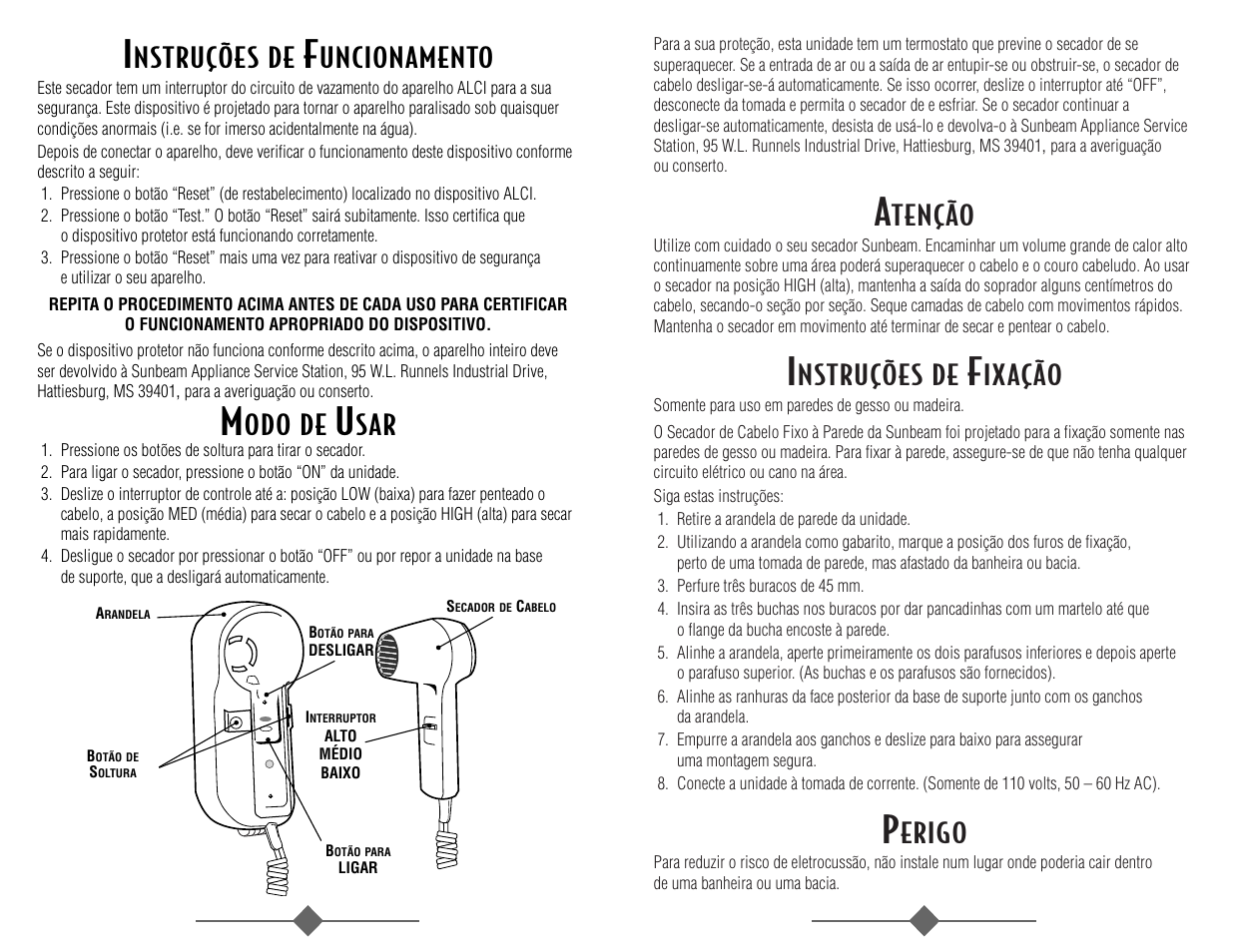 Tenção, Nstruções de, Ixação | Erigo, Uncionamento, Odo de | Sunbeam 1626 User Manual | Page 15 / 18