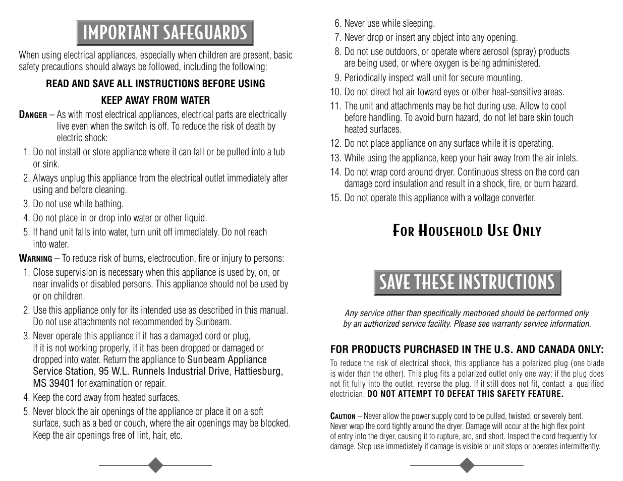 Important safeguards save these instructions | Sunbeam 1626 User Manual | Page 2 / 18