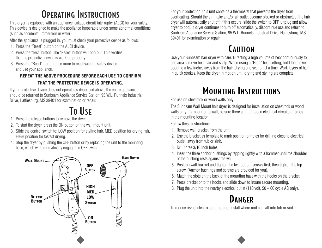 Perating, Nstructions, Aution | Ounting, Anger | Sunbeam 1626 User Manual | Page 3 / 18