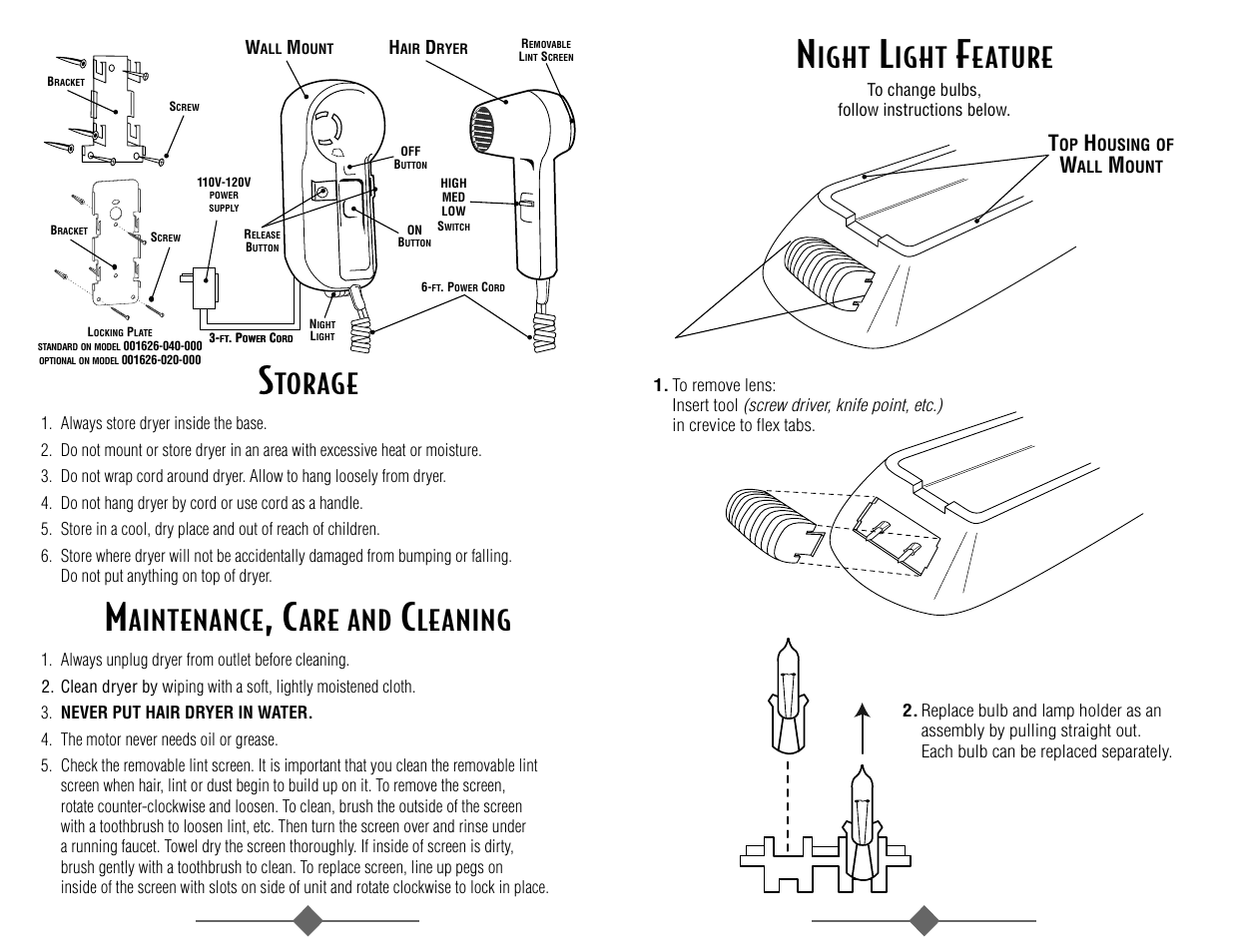 Torage, Aintenance, Are and | Leaning, Ight, Eature | Sunbeam 1626 User Manual | Page 4 / 18