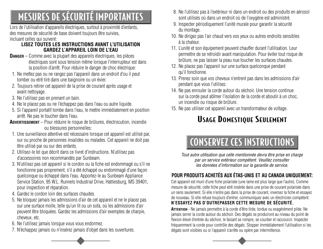 Conservez ces instructions, Mesures de sécurité importantes | Sunbeam 1626 User Manual | Page 6 / 18