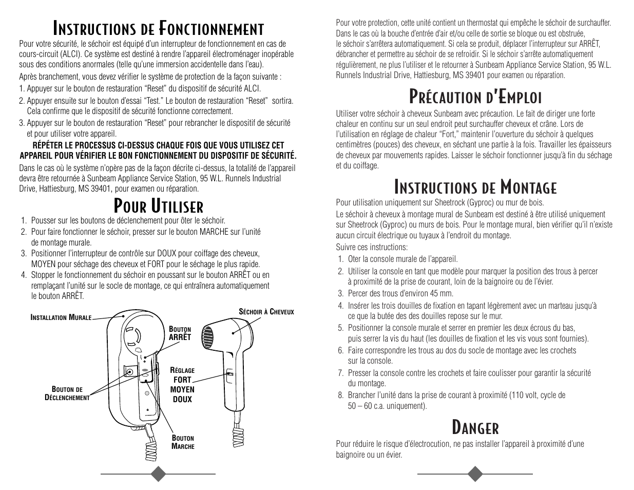Récaution d, Mploi, Nstructions de | Ontage, Anger, Onctionnement, Tiliser | Sunbeam 1626 User Manual | Page 7 / 18