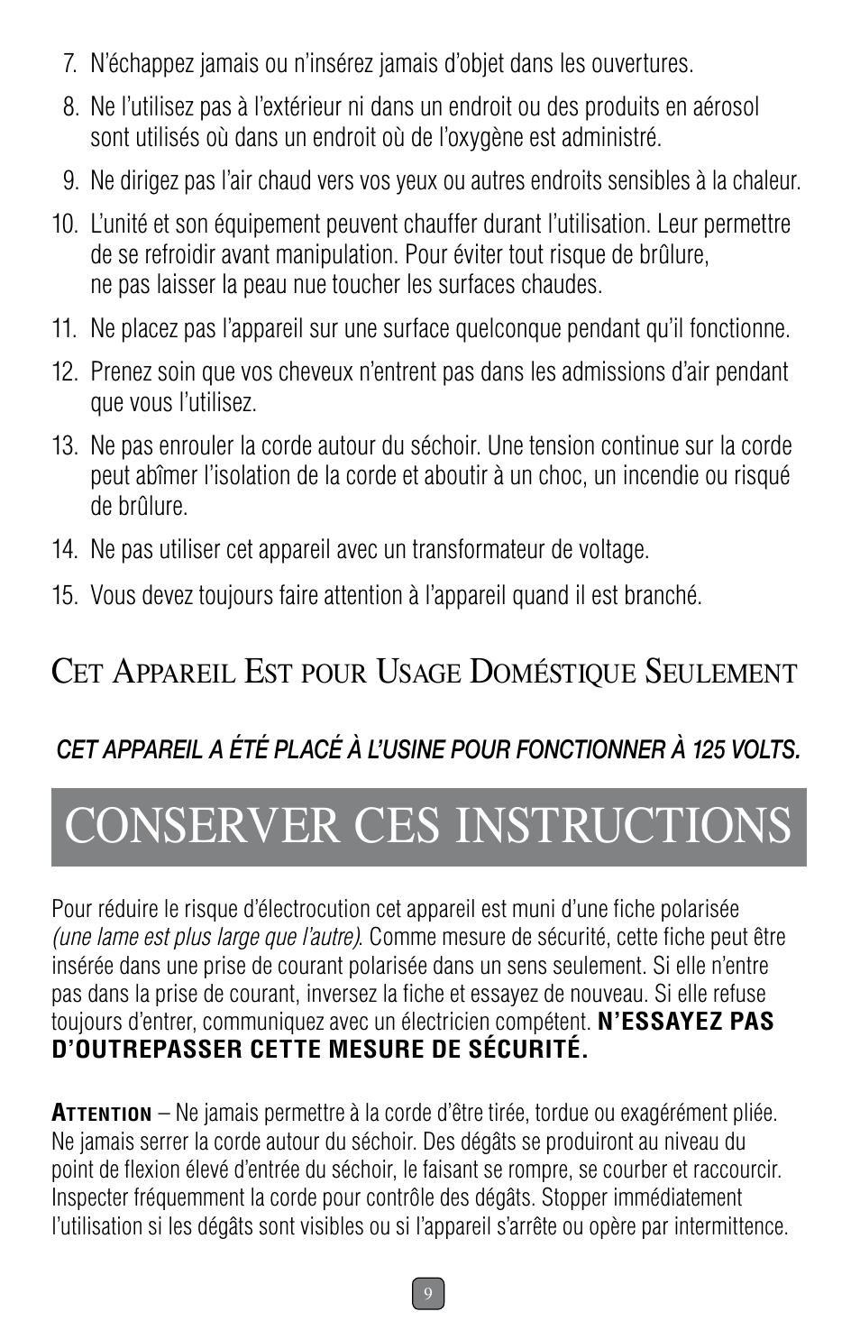Conserver ces instructions | Sunbeam 1637 User Manual | Page 10 / 28