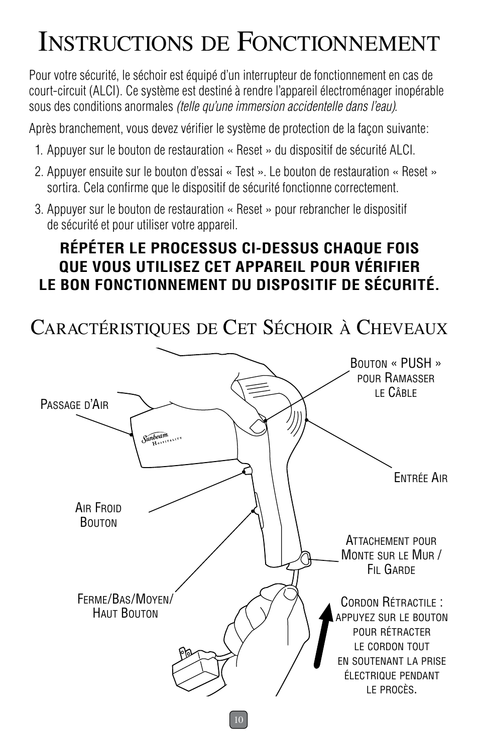 Nstructions, Onctionnement, Aractéristiques | Échoir, Heveaux | Sunbeam 1637 User Manual | Page 11 / 28
