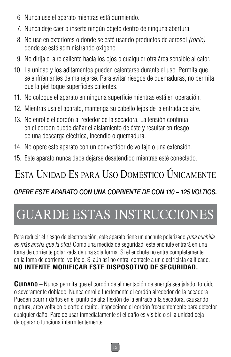 Guarde estas instrucciones, Nidad, Para | Oméstico, Nicamente | Sunbeam 1637 User Manual | Page 16 / 28