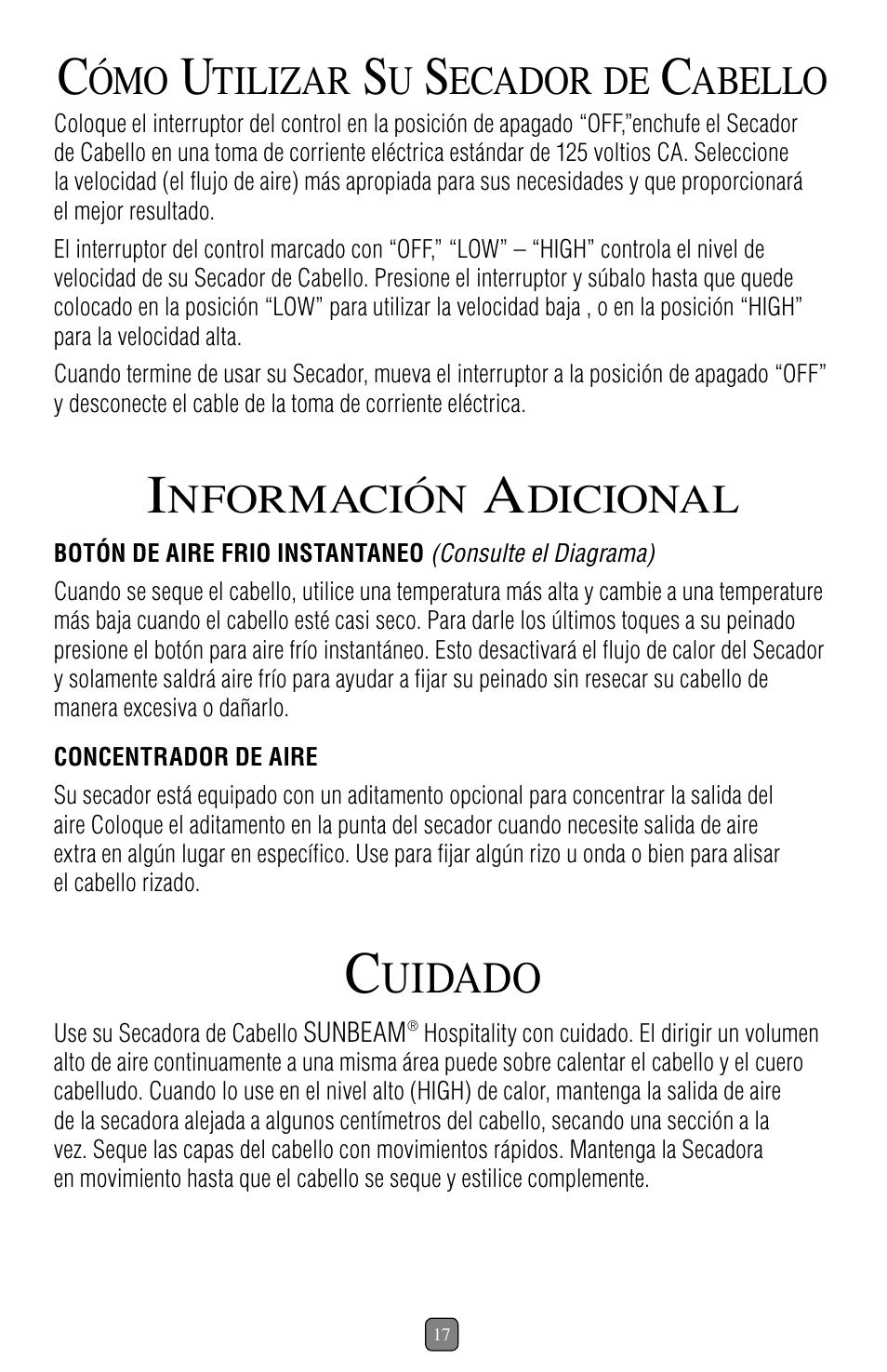 Uidado, Tilizar, Ecador | Abello, Nformación, Dicional | Sunbeam 1637 User Manual | Page 18 / 28