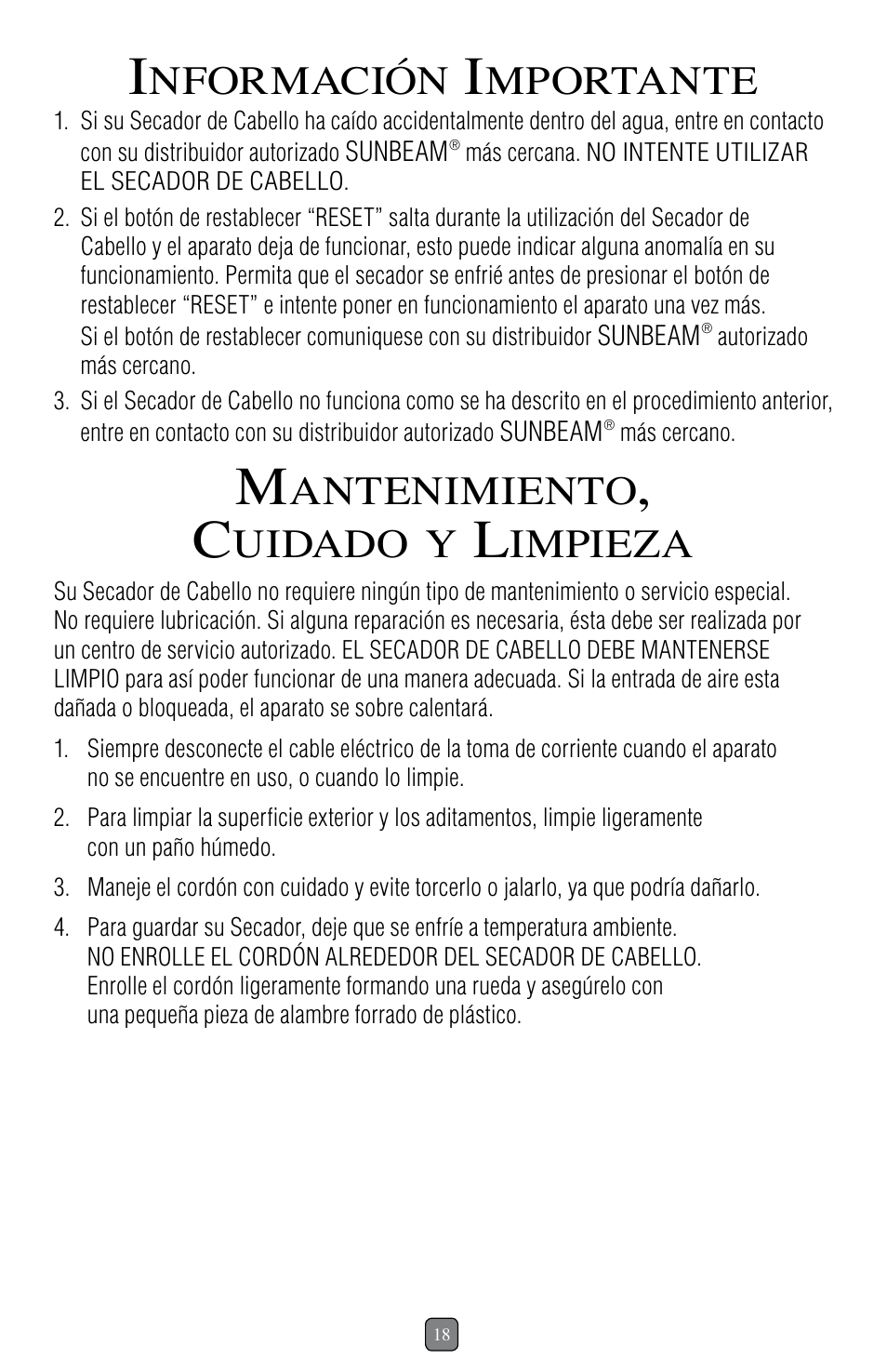 Nformación, Mportante, Antenimiento | Uidado, Impieza | Sunbeam 1637 User Manual | Page 19 / 28