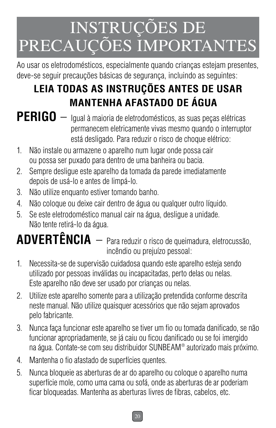 Instruções de precauções importantes, Perigo, Advertência | Sunbeam 1637 User Manual | Page 21 / 28