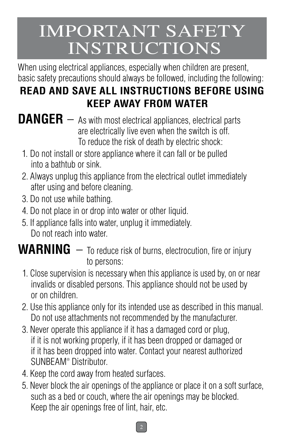 Important safety instructions, Danger, Warning | Sunbeam 1637 User Manual | Page 3 / 28