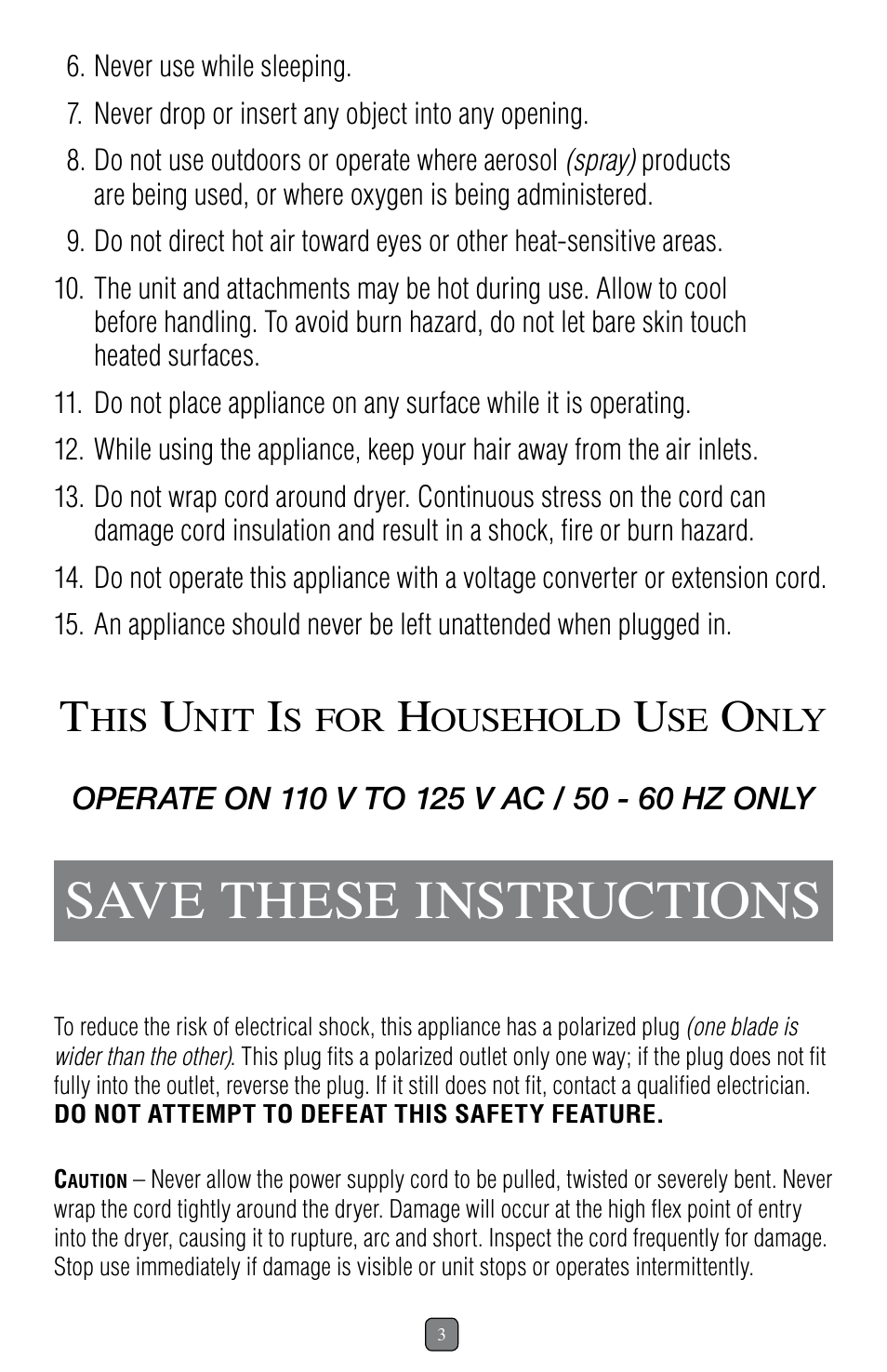 Save these instructions | Sunbeam 1637 User Manual | Page 4 / 28