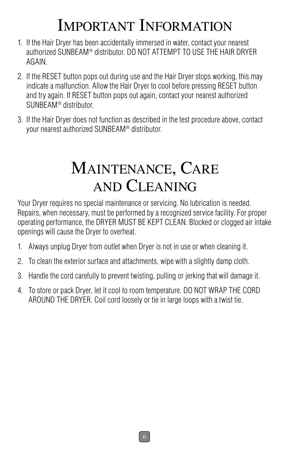Mportant, Nformation, Aintenance | Leaning | Sunbeam 1637 User Manual | Page 7 / 28