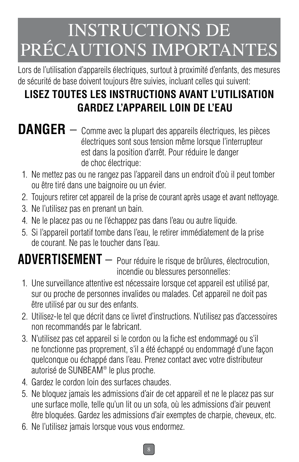 Instructions de précautions importantes, Danger, Advertisement | Sunbeam 1637 User Manual | Page 9 / 28