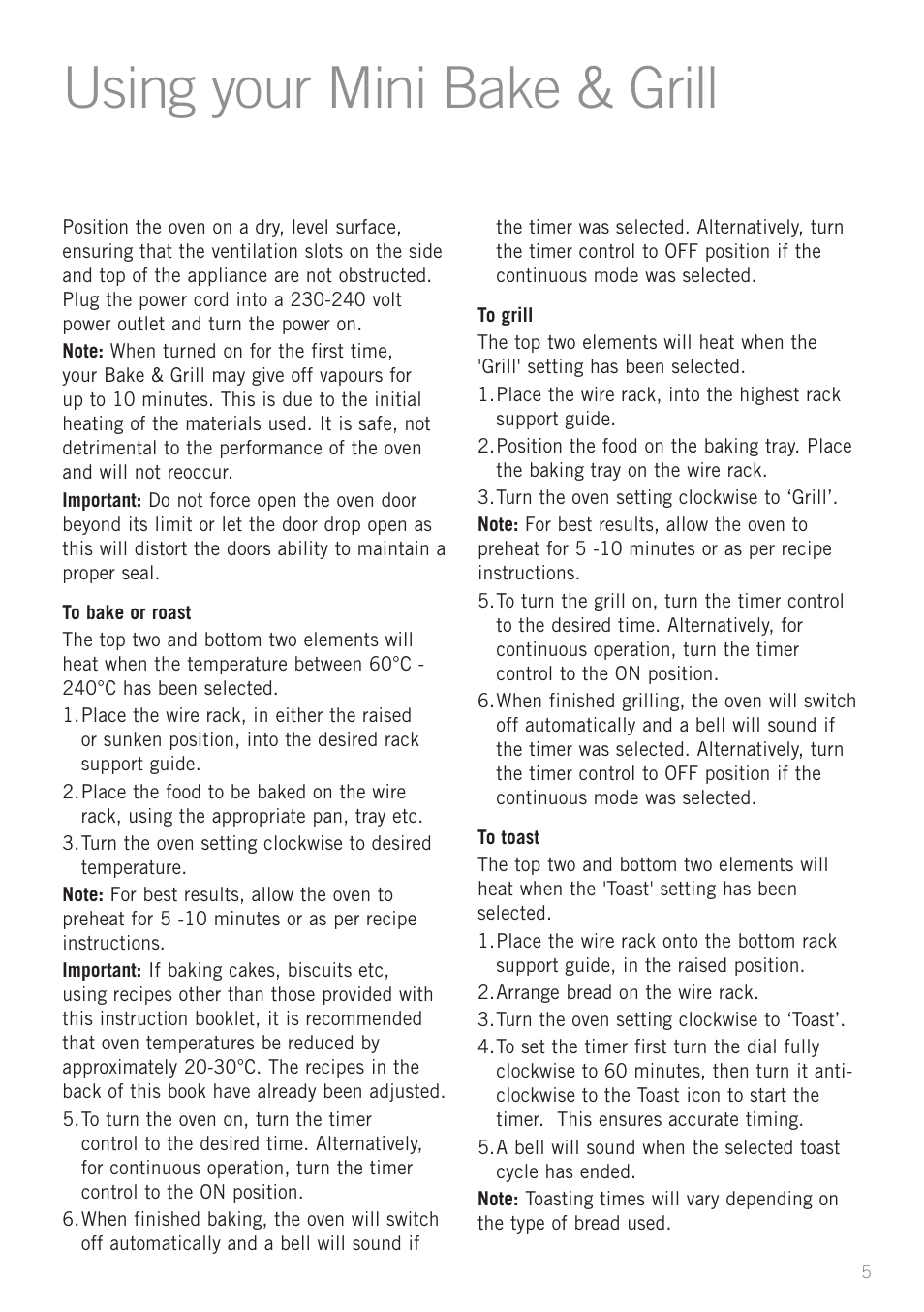 Using your mini bake & grill | Sunbeam BT2600 User Manual | Page 7 / 20