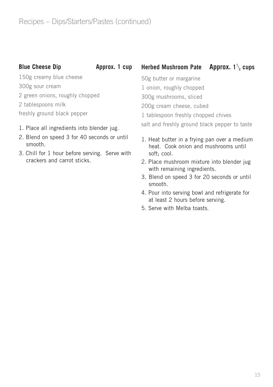 Recipes – dips/starters/pastes (continued), Approx | Sunbeam PB7610 User Manual | Page 17 / 27