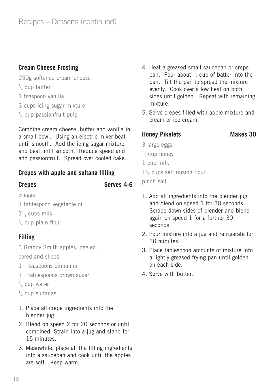 Recipes – desserts (continued), Cream cheese frosting, Filling | Honey pikelets makes 30, 250g softened cream cheese, 3 eggs 1 tablespoon vegetable oil 1, Cups milk, Cup plain flour, 3 granny smith apples, peeled, cored and sliced 1, Teaspoons cinnamon 1 | Sunbeam PB7610 User Manual | Page 20 / 27