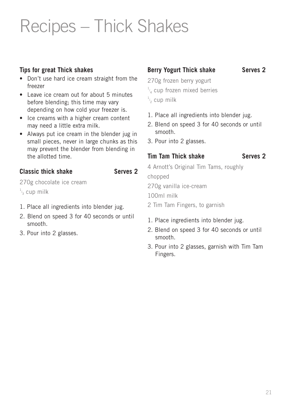 Recipes – thick shakes | Sunbeam PB7610 User Manual | Page 23 / 27