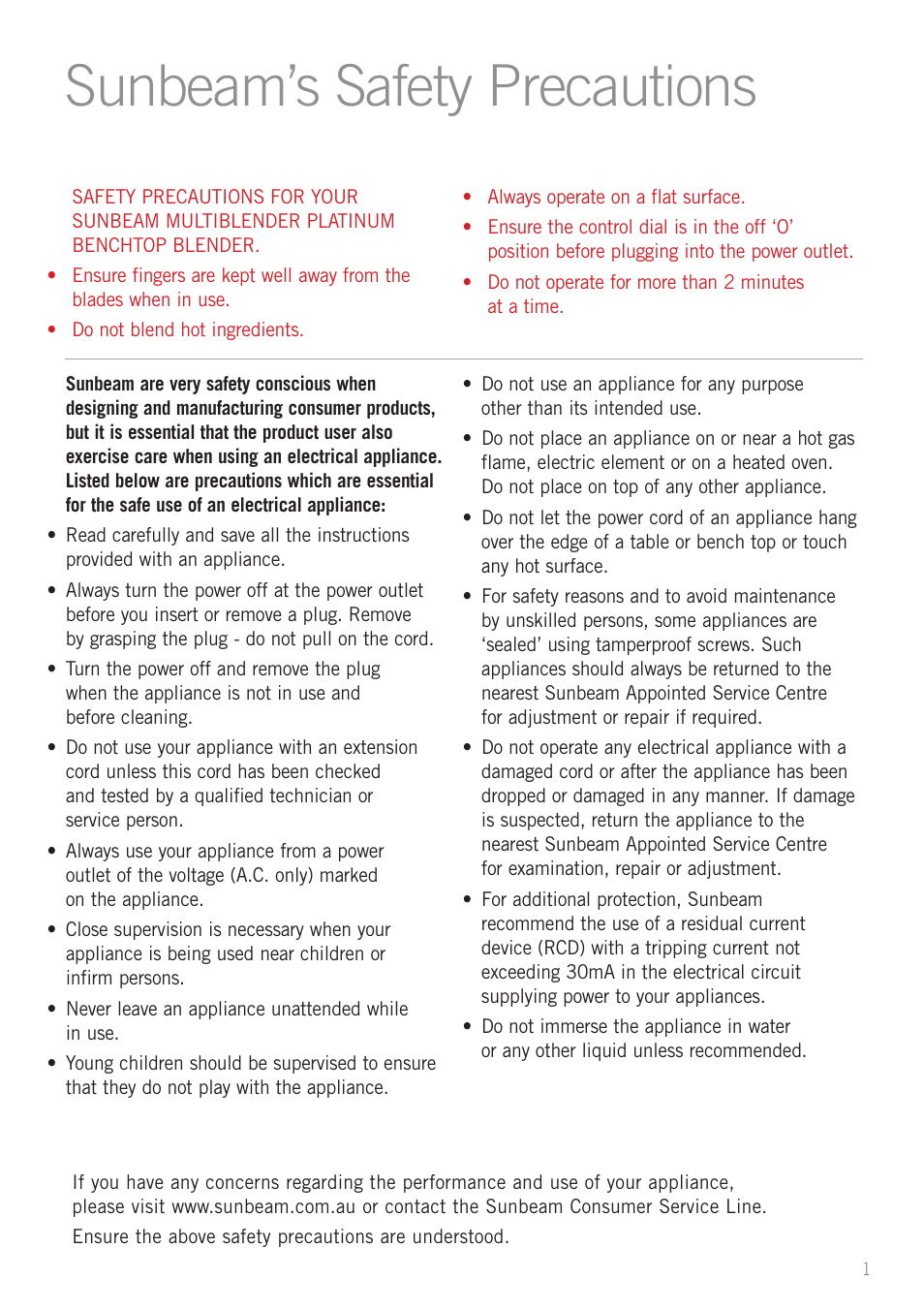 Sunbeam’s safety precautions | Sunbeam PB7610 User Manual | Page 3 / 27