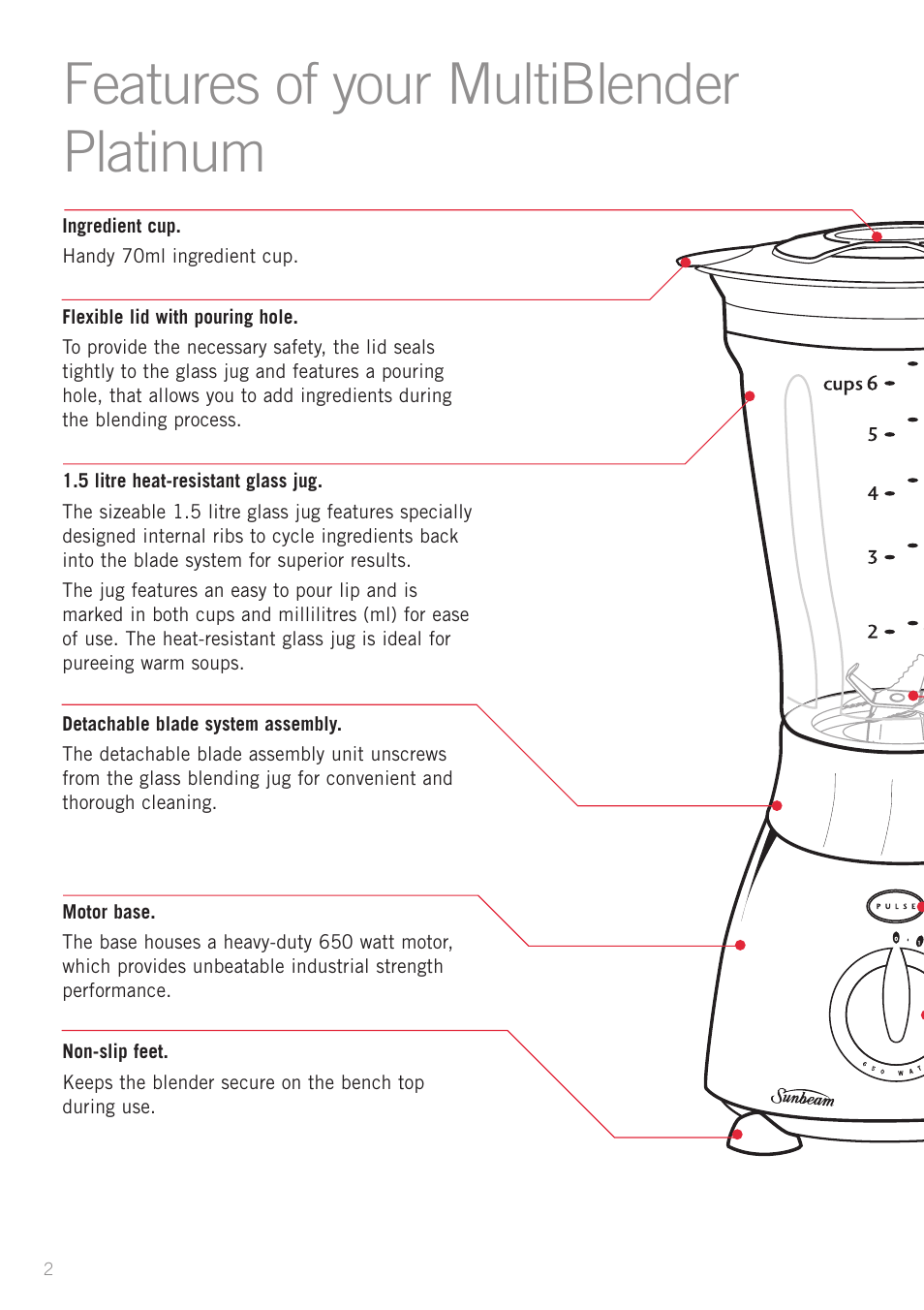Features of your multiblender platinum | Sunbeam PB7610 User Manual | Page 4 / 27